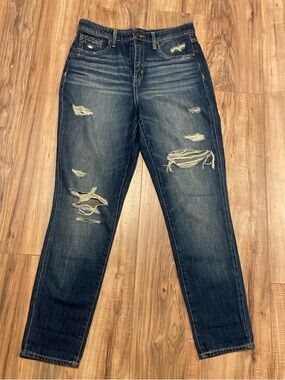 Buckle Black Distressed Mom Jeans in Dark Blue Wash